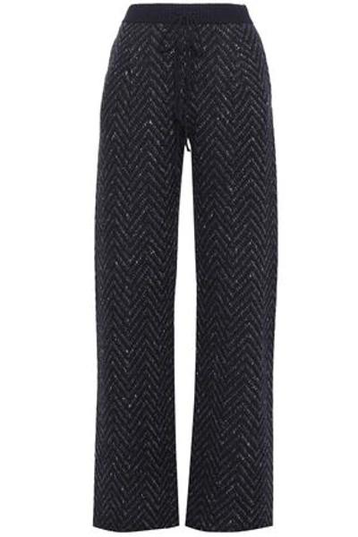Valentino Woman Herringbone Wool And Cashmere-blend Wide-leg Pants Midnight Blue