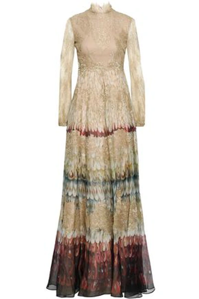 Valentino Paneled Metallic Lace And Printed Organza Gown In Gold