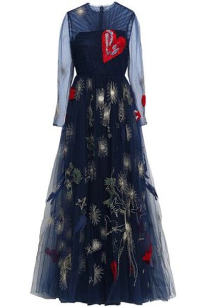 Valentino Pleated Metallic Embroidered Tulle Gown In Navy