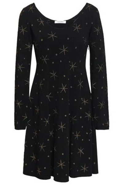 Valentino Woman Metallic Embroidered Stretch-knit Mini Dress Black