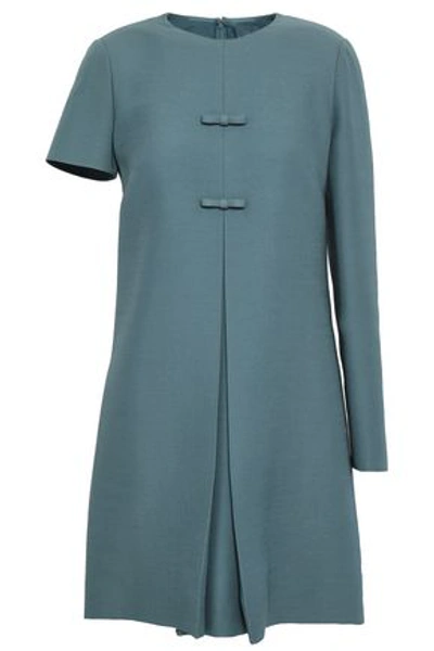 Valentino Woman Bow-embellished Pleated Wool And Silk-blend Crepe Mini Dress Grey Green