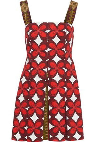 Valentino Woman Pleated Printed Cotton And Linen-blend Mini Dress Red