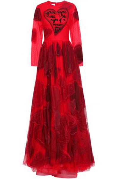 Valentino Embellished Appliquéd Point D'esprit Gown In Red