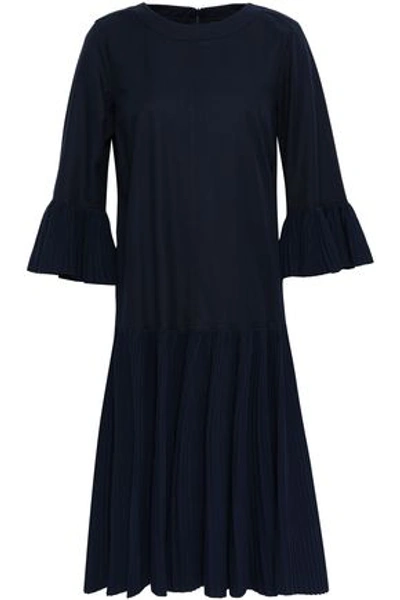 Antonino Valenti Pleated Paneled Cotton-blend Twill And Knitted Dress In Navy