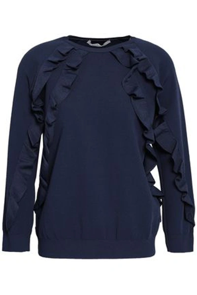 Valentino Woman Ruffled Stretch-knit Sweater Navy