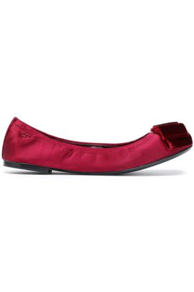 Tory Burch Bow-embellished Satin Ballet Flats In Plum