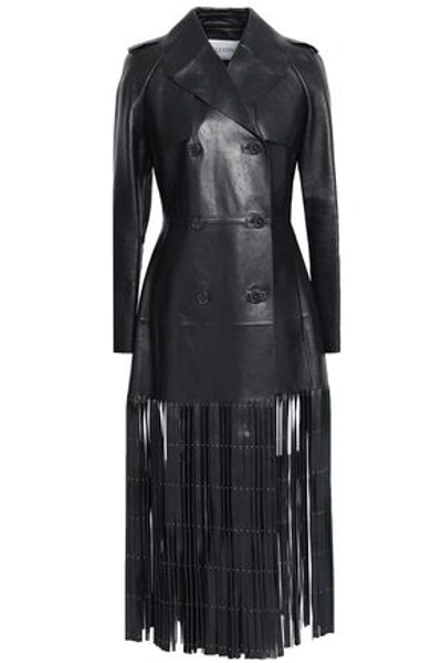 Valentino Woman Studded Fringed Double-breasted Leather Trench Coat Black