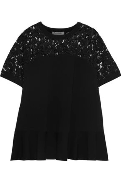 Valentino Woman Corded Lace-paneled Jersey T-shirt Black