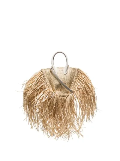 Jacquemus Le Petite Baci Small Leather-trimmed Fringed Raffia Tote In Beige Leather