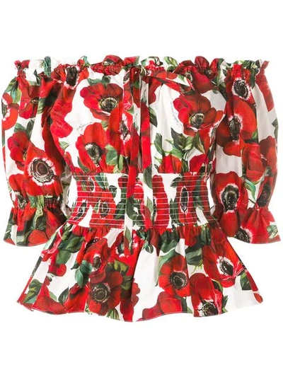 Dolce & Gabbana Off-the-shoulder Ruffled Floral-print Cotton-poplin Blouse