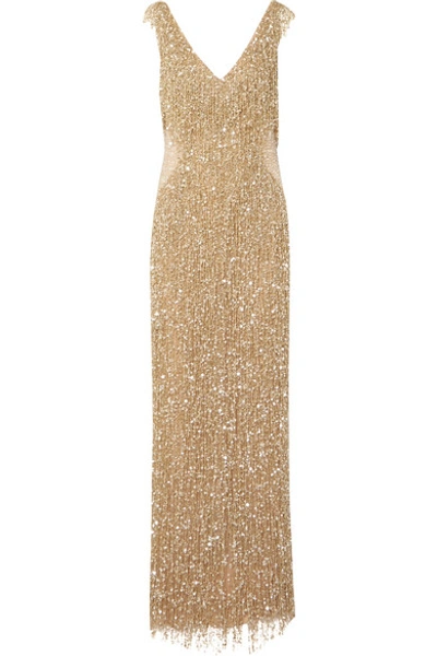 Naeem Khan Embellished Chiffon Gown In Gold
