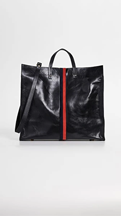 Clare V Simple Leather Tote In Black/ Navy Red Stripes