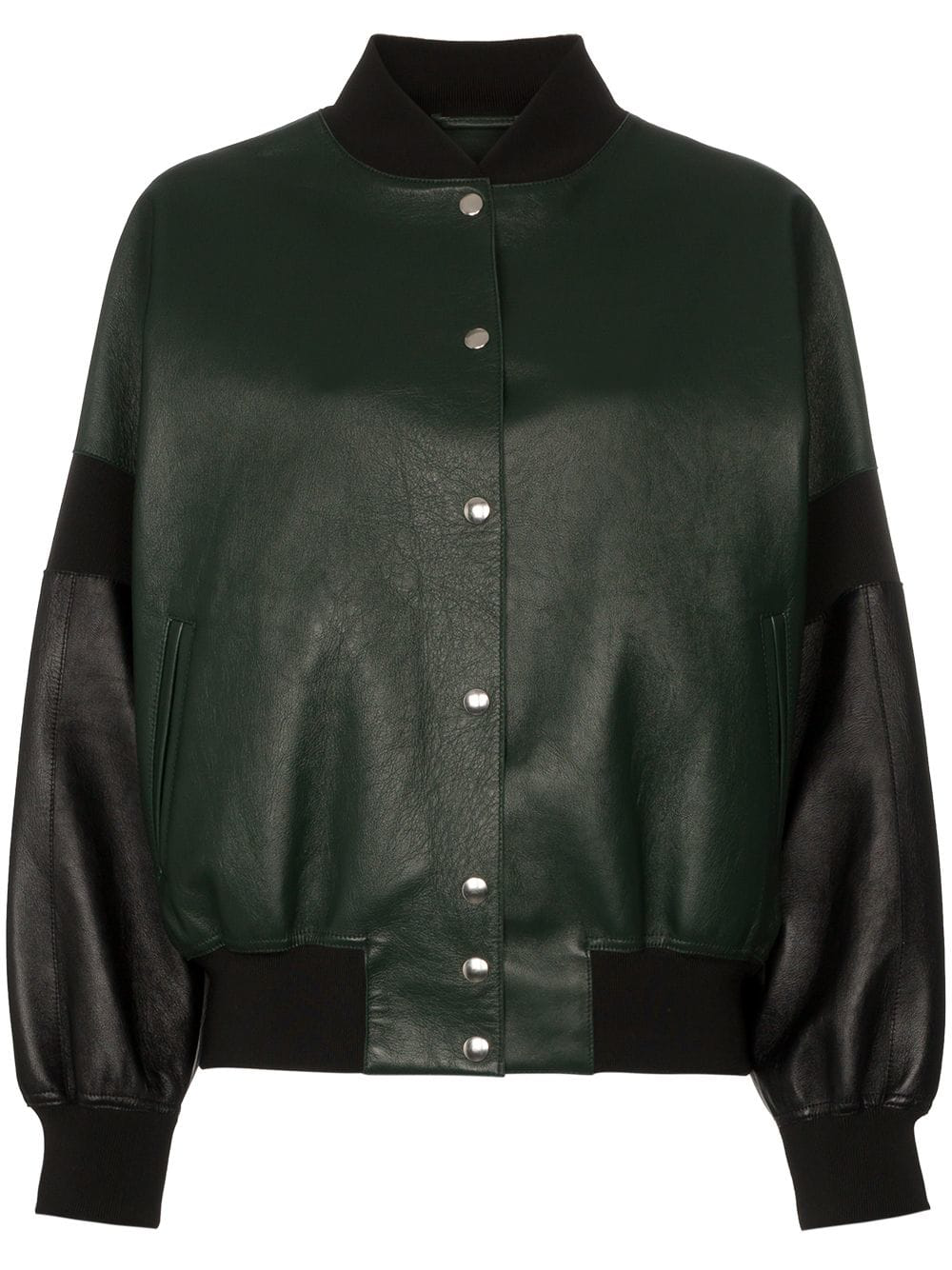 Plan C Contrast Sleeve Button Down Leather Bomber Jacket - Green | ModeSens