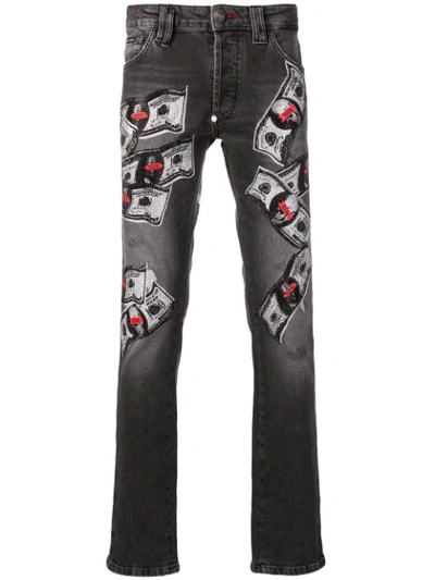 Philipp Plein Embroidered Money Pattern Jeans In Grey
