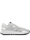 Prada Top Stitched Low Top Sneakers In Silver