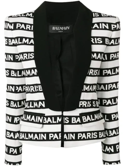 Balmain Logo Stripe Tuxedo Blazer In White