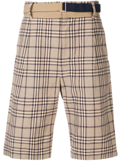 Sacai Belted Check Plaid Shorts In Neutrals