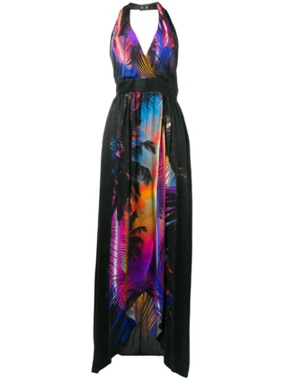 Balmain Tropical Print Halter Neck Belted Silk Maxi Dress In Black