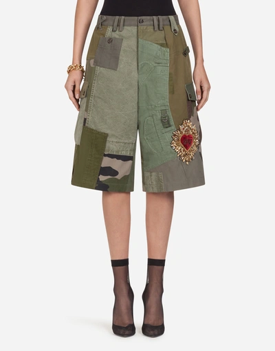 Dolce & Gabbana Patchwork Bermuda Shorts With Embroidery In Green