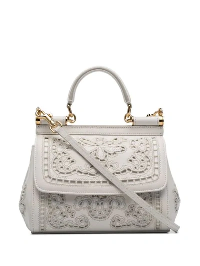 Dolce & Gabbana White Sicily Mini Flower Embroidered Leather Shoulder Bag