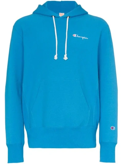 Champion Logo Embroidered Hooded Cotton Jumper  In Blue