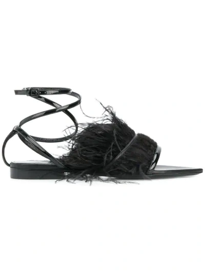 Saint Laurent Feather-embellished Ankle-wrap Sandal In Black