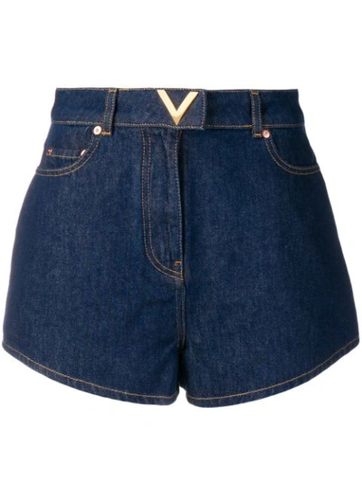 Valentino Blue Denim Shorts With Gold V Detail