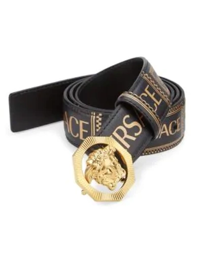Versace Medusa Buckle Logo Leather Belt In Black Gold