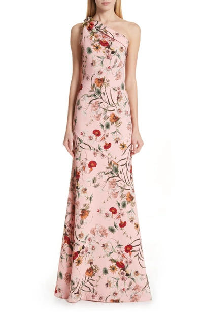 Badgley Mischka Floral-print One-shoulder Sleeveless Gown In Rose Multi