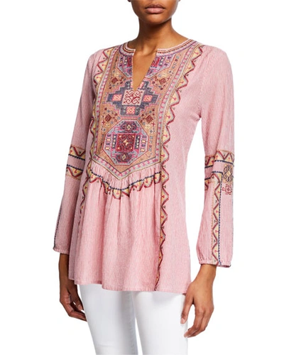 Tolani Plus Size Lauren Striped Embroidered Long-sleeve Tunic In Pink
