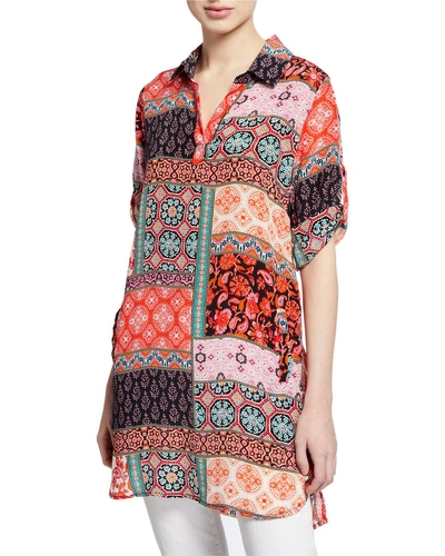 Tolani Plus Size Peyton Patchwork-printed 3/4 Tab-sleeve Silk Tunic In Tiles