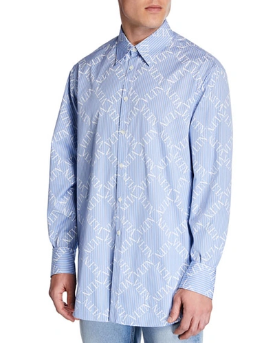 Valentino Men's Logo-pattern Chambray Sport Shirt In Blue/white