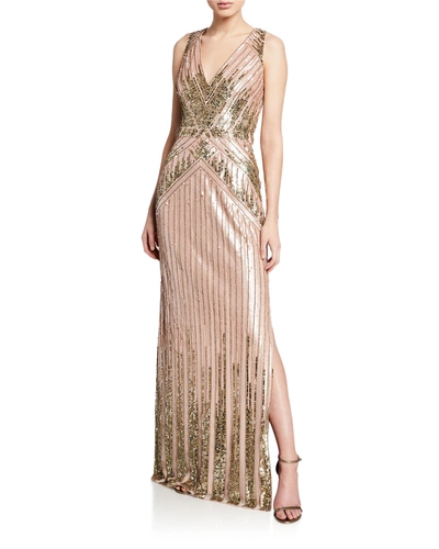 Aidan Mattox Beaded V-neck Sleeveless Column Gown W/ Slit In Blush