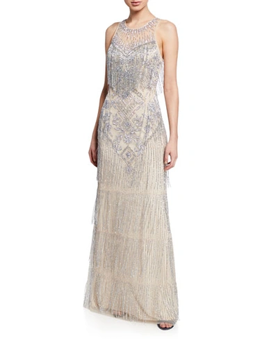 Aidan Mattox Beaded Fringe Sleeveless Column Gown In Champagne