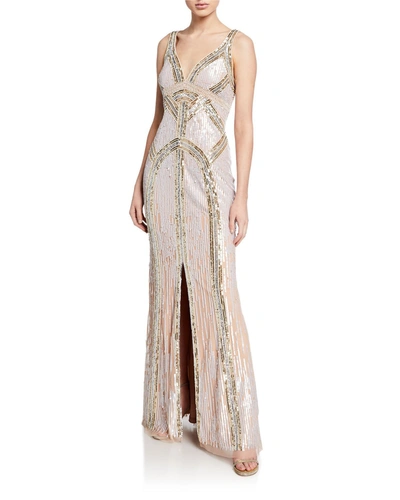 Aidan Mattox Beaded V-neck Sleeveless Column Gown With Front-slit In Ivory