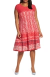 Nic + Zoe Petite Garden Party Printed Boat-neck Cap-sleeve Dress In Cosmo Red