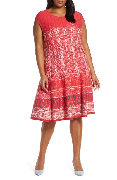 Nic + Zoe Petite Garden Party Printed Boat-neck Cap-sleeve Dress In Cosmo Red