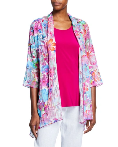 Caroline Rose Plus Size Floral Frenzy Burnout Side-fall Open-front Cardigan In White Multi