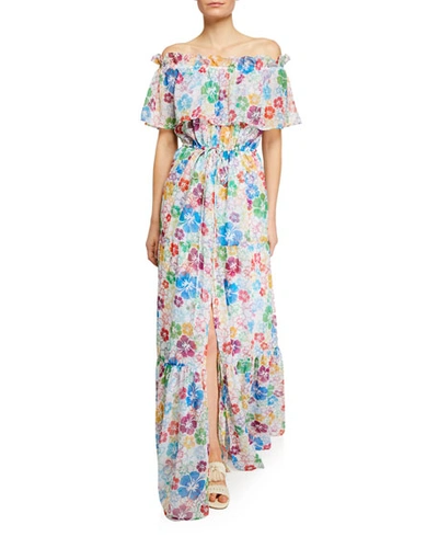 All Things Mochi Kona Off-shoulder Floral Chiffon Split Maxi Dress In Multi Pattern