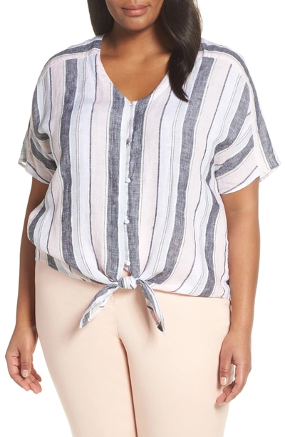 Vince Camuto Stripe Tie Front Linen Blouse In Coral Buff