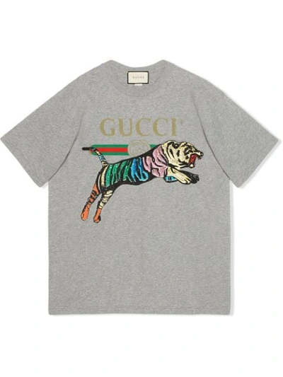 Gucci Oversize Cotton T-shirt With Tiger In Grey