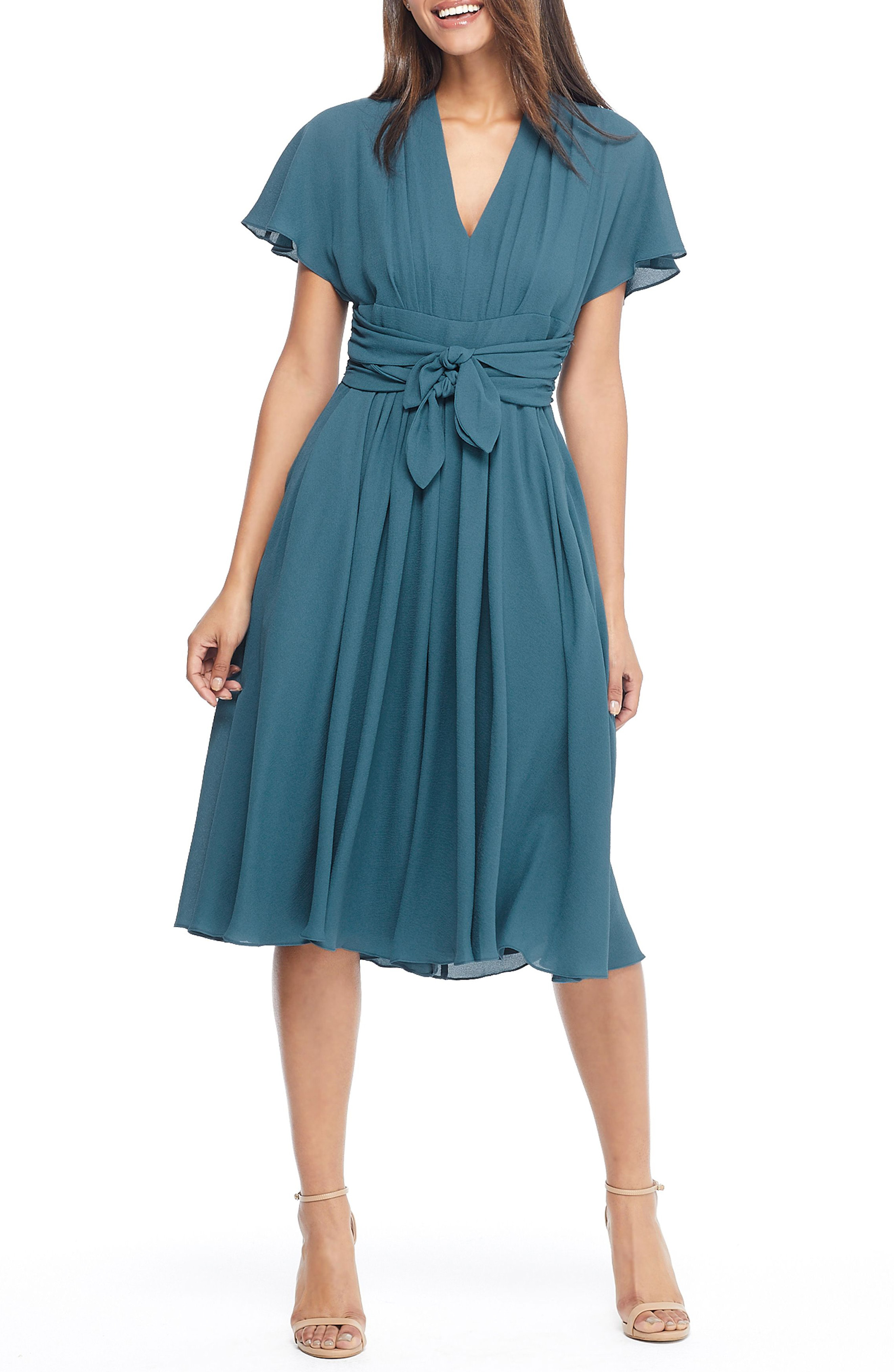 Gal Meets Glam Collection Jane Tie Waist Midi Dress In Sea Blue | ModeSens