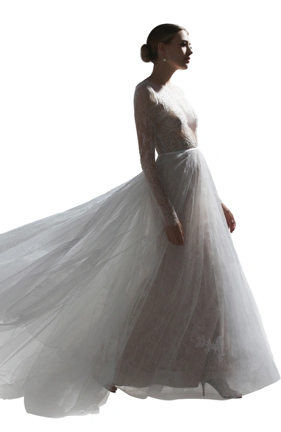 Watters Frasier Long Sleeve Lace Wedding Dress In Ivory/ Blush