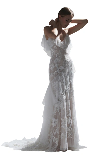 Watters Nephele Beaded Lace & Net Wedding Dress In Ivory/ Blush