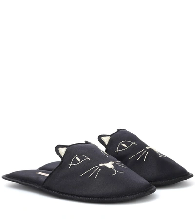 Charlotte Olympia House Cats Satin Slippers In Black