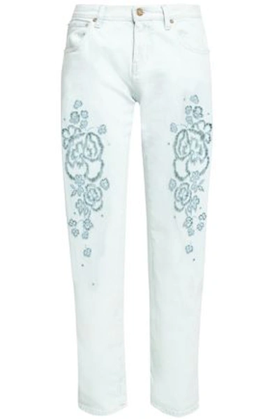 Roberto Cavalli Woman Embroidered Mid-rise Straight-leg Jeans Light Denim