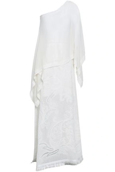 Roberto Cavalli Woman One-shoulder Draped Pointelle-knit Cotton-blend Maxi Dress Off-white