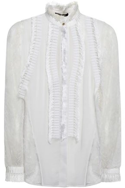 Roberto Cavalli Woman Corded Lace-paneled Tasseled Silk-georgette Blouse Ivory