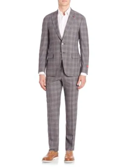 Isaia Plaid Wool Suit In Dark Grey