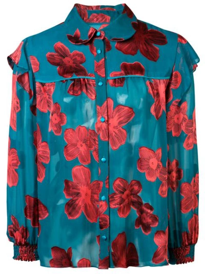 Alice And Olivia Ziggy Ruffle Sleeve Blouse In Daisy Teal/cherry